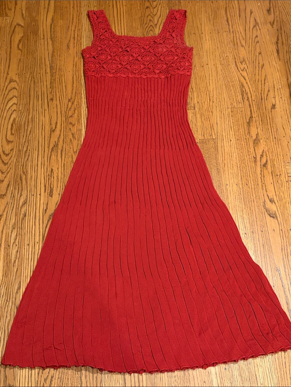 Peruvian Connection Red Crochet-Bodice Knit Dress